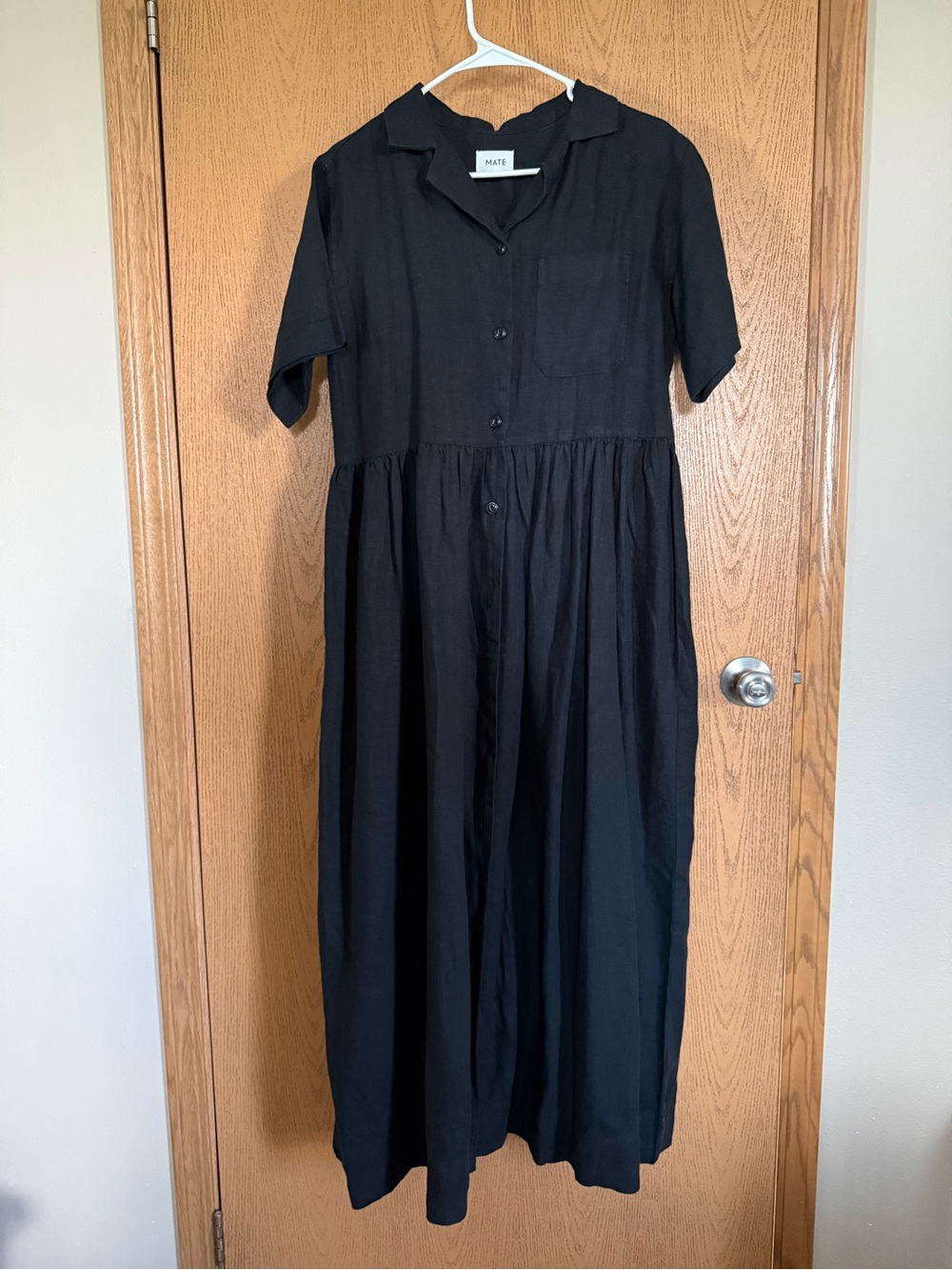 Mate the Label Black Short-Sleeve Button-Front maxi Dress - 100% organic linen